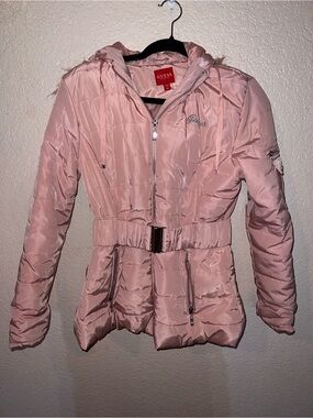 GUESS Light Pink Quilted Belted Hooded Puffer Jacket